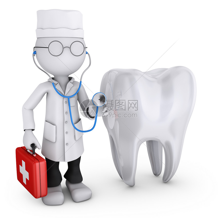胸部援助医生用一个手提箱旁边的牙齿3D白色图片