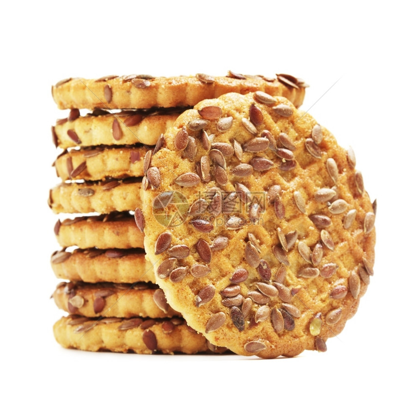 脆的芝麻饼干堆叠孤立在白背景上新鲜的快餐图片