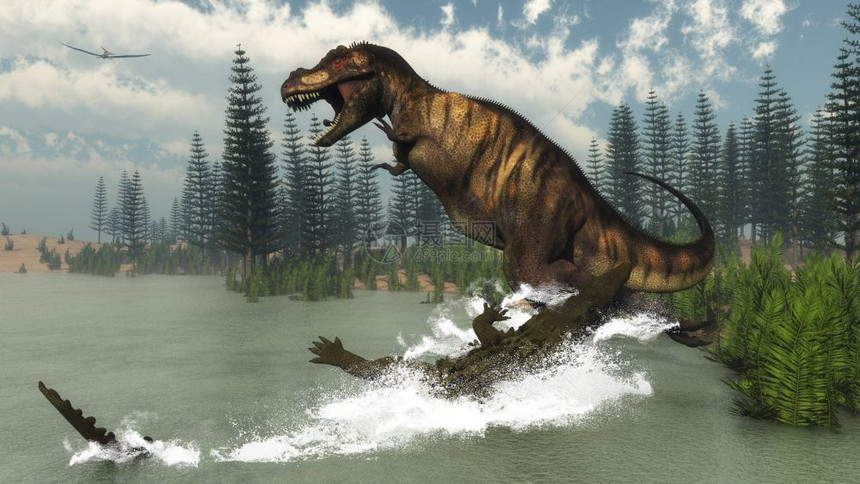 海美国洋每天在卡兰石树和尼帕植物附近遭到德伊诺苏姆鳄鱼攻击的暴龙反恐3D使得蒂亚诺索龙反恐受到德伊诺苏穆斯鳄的攻击图片