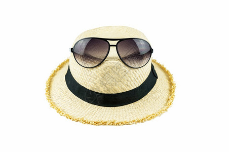 白色的放背景孤立帽子上太阳眼镜旅行或游概念红帽子上的太阳眼镜稻草图片