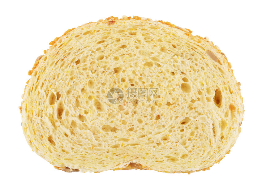 自制有机的玉米面包切片孤立在白色背景的面上种子图片