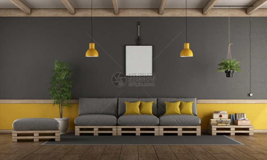灰色和黄客厅装有草盘沙发脚凳和咖啡桌3D制成灰色和黄客厅装有草盘沙发水平的家地毯图片