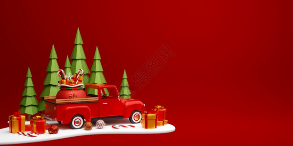 销售圣诞横幅Xmas卡车在松树林装有礼品袋冬天季节图片