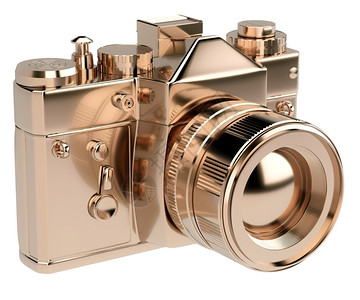 钱铜展示白色背景上孤立的金色照相机图片
