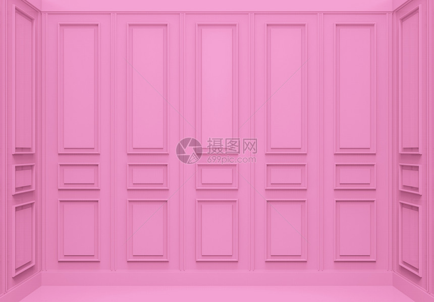 现代的3d提供豪华甜软粉红色古典型木板墙角房间背景正方形墙纸图片