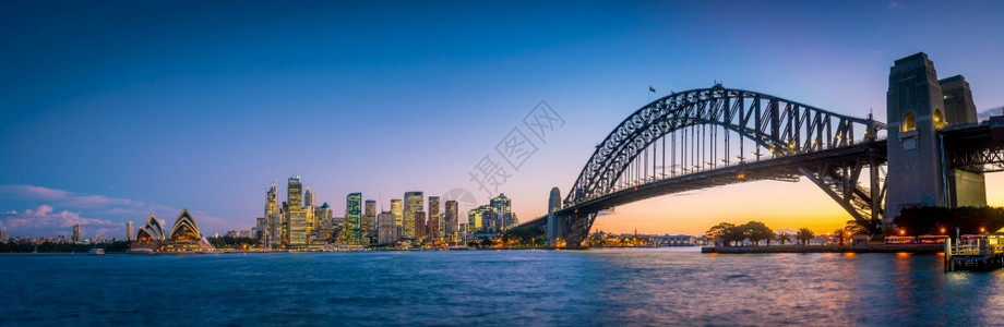 发光的黄昏澳洲雪梨市下天际线桥图片
