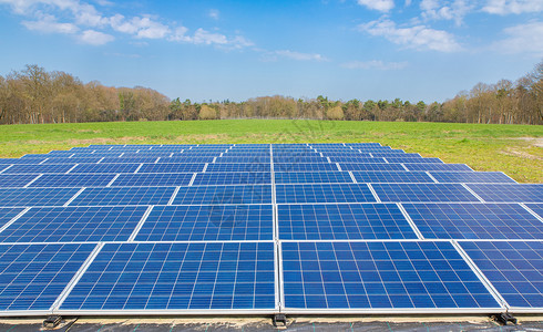 生态荷兰有蓝色太阳能电池板场的风景图案舍内维尔博纳布鲁克图片
