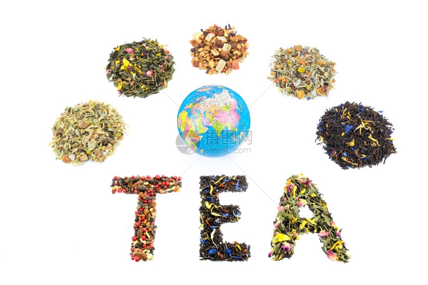 亚洲WordTEA包括全球和各种茶叶类的TEA字数这些茶叶物种以白色背景隔绝世界草药图片