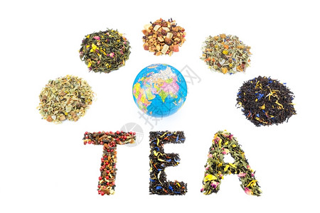Tea亚洲WordTEA包括全球和各种茶叶类的TEA字数这些茶叶物种以白色背景隔绝世界草药背景