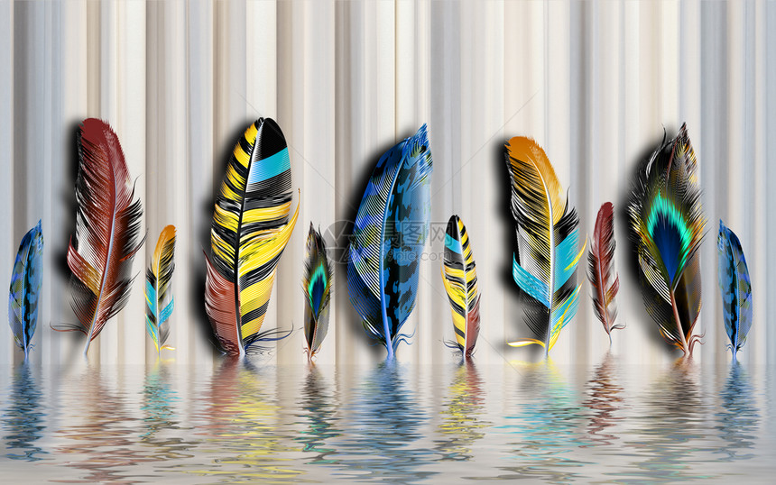 孔雀丰富多彩的手绘水羽毛现代3D简约背景墙手绘羽毛现代3D简约背景墙纸图片