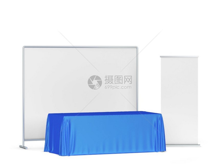 展示嘲笑白色背景上孤立的三张插图解纸布横幅一旁的空白交易桌布蓝色的图片