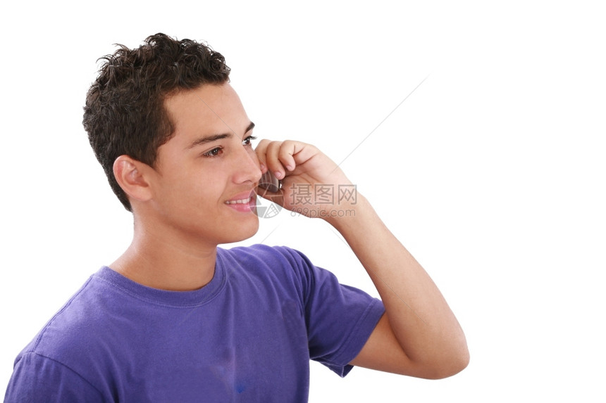 成人英俊的男子肖像在手机上说话孤立在白色背景新鲜的多米尼奇图片