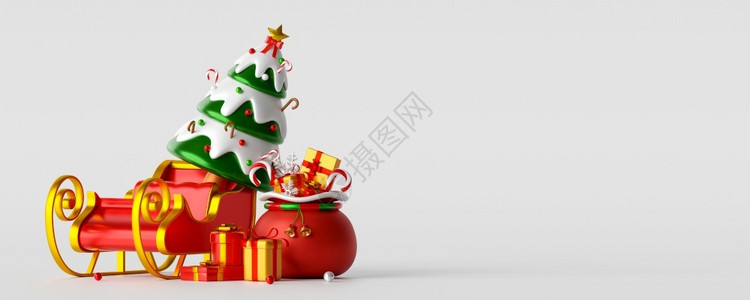 礼物克劳斯喜庆的圣诞树在雪橇上标贴圣诞树的杯上面装有诞袋3D插图图片