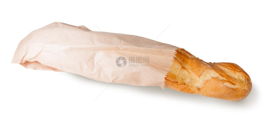 小吃早餐在白色背景上被孤立的纸袋中法式布有机图片