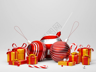 庆典3d圣诞舞会和白色背景的礼品盒插图最小的诺埃尔图片