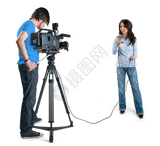 电视记者在播音室放新闻以白色背景孤立通讯员技术居住背景图片