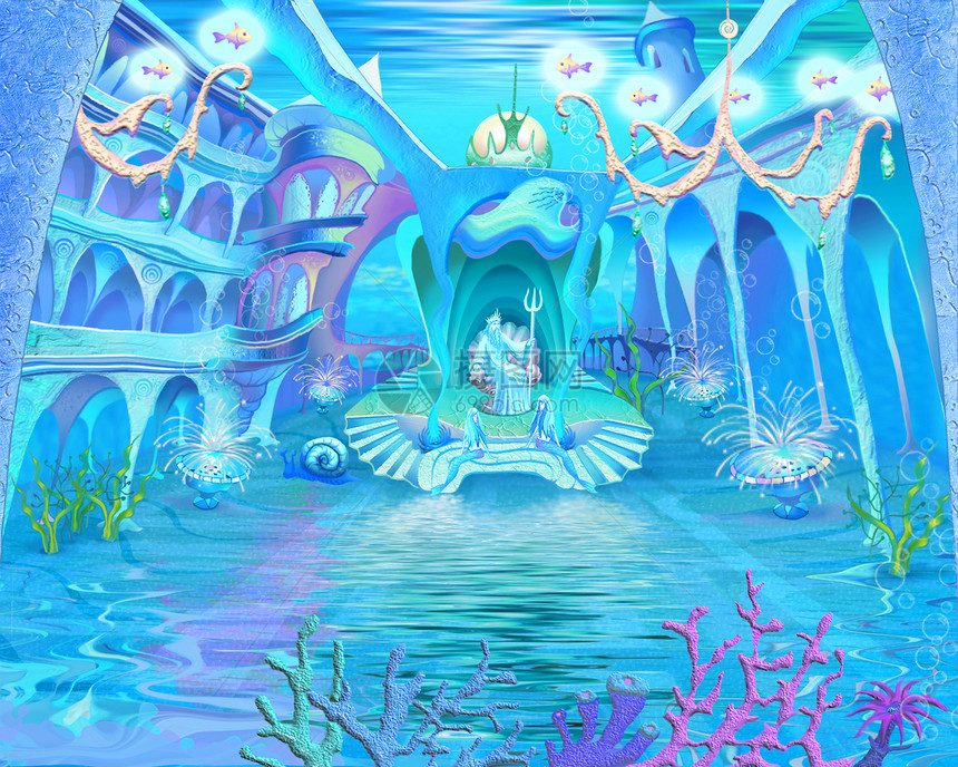 户外大西洋数字绘画关于神秘和幻想的海底神秘图画亚特兰蒂斯城堡奇幻漫画风格童话故事背景卡片设计的说明特点图片