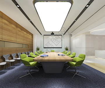 3d在高楼办公大提供商务会议室配有绿色椅子桌商业的大堂图片