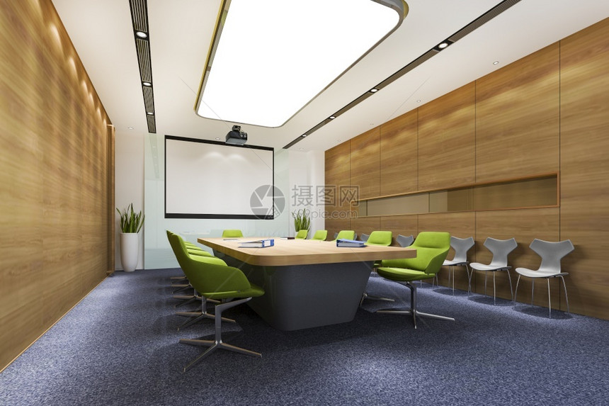 墙大堂3d在高楼办公大提供商务会议室配有绿色椅子公司图片