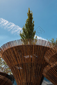 越南2015年米兰越南博览会馆的圆柱形竹木结构安装公平的抽象背景图片