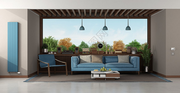 制作家具素材地毯扶手椅现代客厅配有蓝色家具和大窗户的蓝家具背景为3D用蓝色沙发和手椅制作现代客厅内部的设计图片