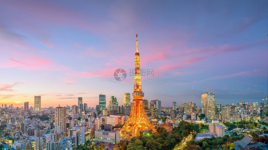 日本落时东京市天际和塔大楼的全景观日本吸引力建筑学城市图片