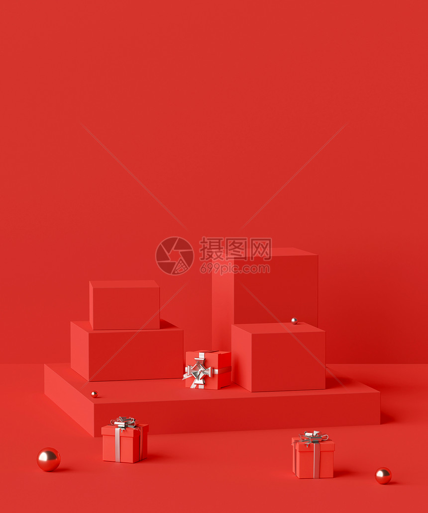 目的抽象作品红色几何形状讲台的场景配有产品礼物3D图片