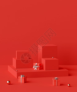 目的抽象作品红色几何形状讲台的场景配有产品礼物3D图片