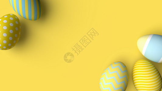 流黄鸡蛋知更鸟喜庆的平坦在黄色复活节背景概念上以黄调颜色涂画的复活节鸡蛋3d插图设计图片