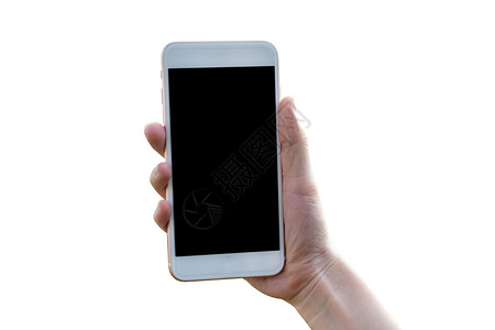 女士平板手机持白色背景的移动智能手机电话图片