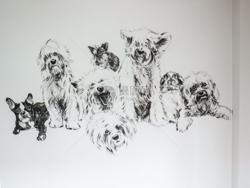 马耳他语灰水泥墙壁上涂着兔子黑白丙烯和的狗群作为装饰或宠物主纪念碑的背景美丽可爱图片