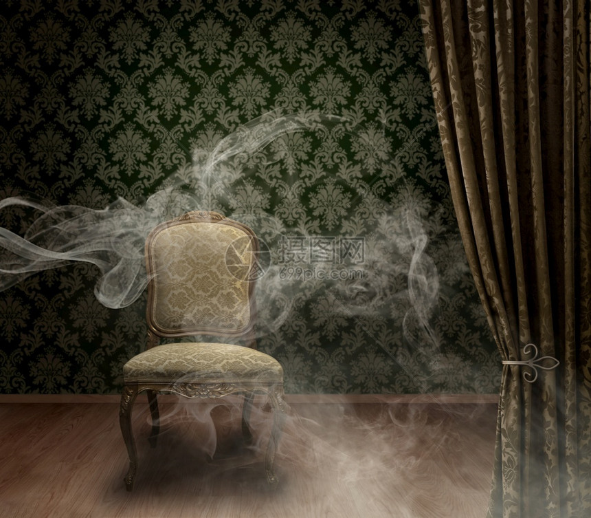 抽烟怀旧奇怪的在神秘黑暗舞台的古董空椅子上有烟道戏剧背景达马斯克模式墙壁图片