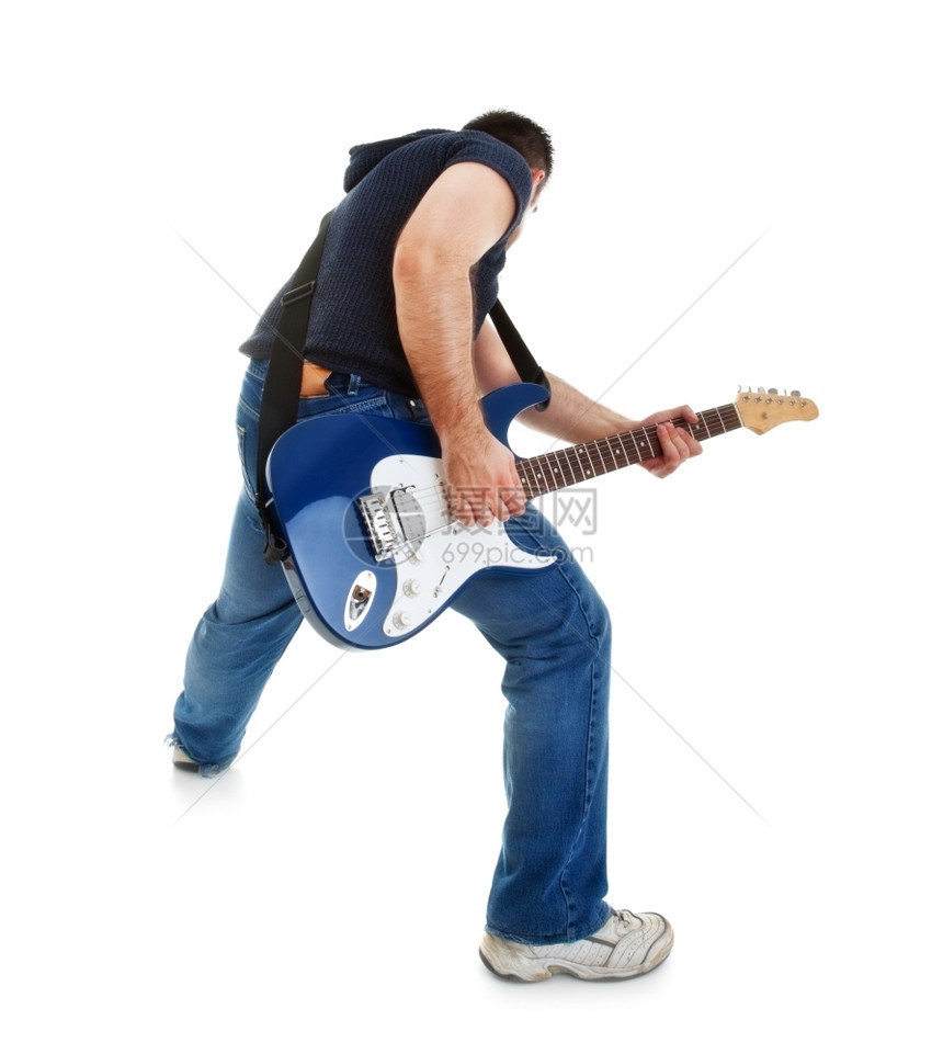 牛仔裤摇滚歌手弹吉他白背景娱乐连体机图片