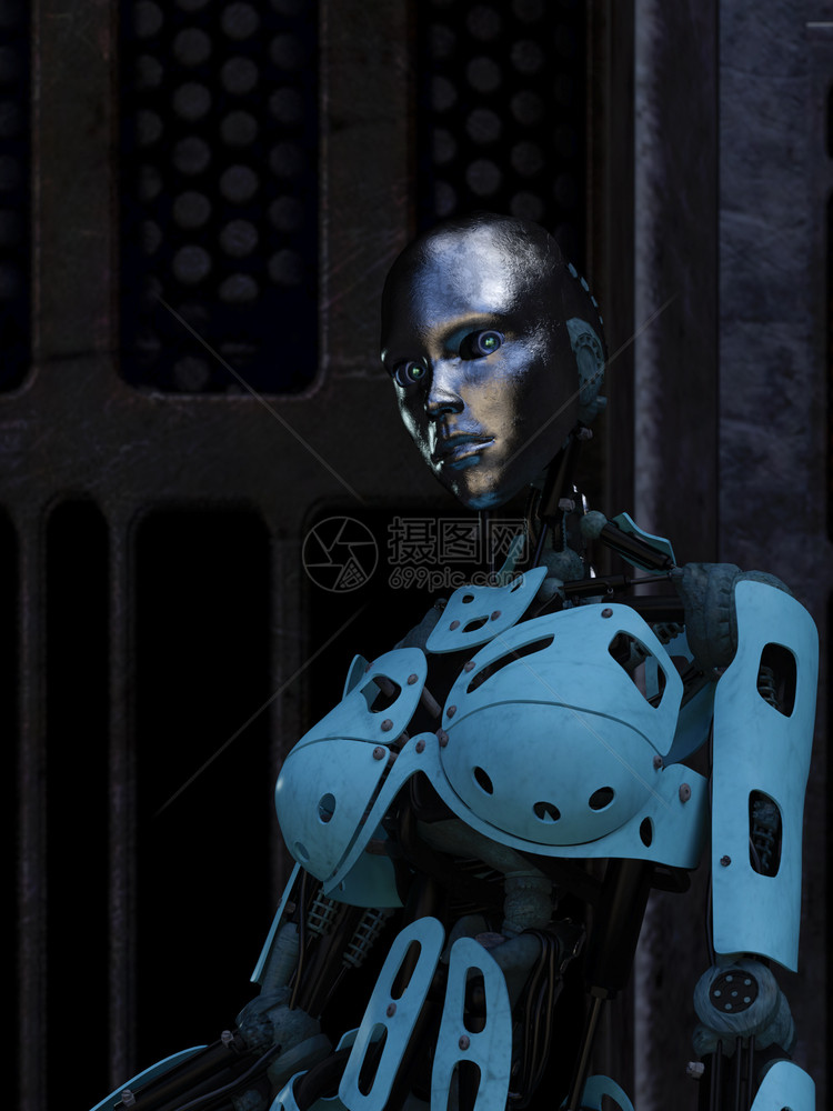 智力电子人未来派暗室背景中的机器人3d渲染暗室中的未来派机器人电路图片