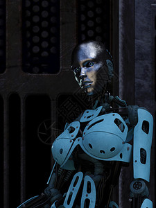 智力电子人未来派暗室背景中的机器人3d渲染暗室中的未来派机器人电路图片