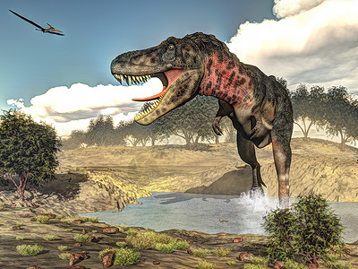 无齿翼龙白垩纪昼在罗马里斯植物旁边咆哮时行走的Tarbosaurus3D变成塔博龙恐3D尽管形象的设计图片