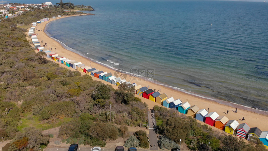 景观BrightonBeachBoxes澳大利亚维多州冬季空中全景蓝色的迷人图片