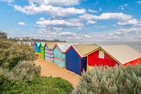 维多利亚盒子蓝色的澳大利亚墨尔本Brighton海滩的多彩小屋图片