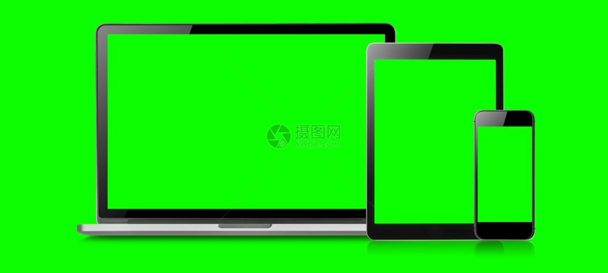 在绿色背景上隔离的垂直位置上笔记本电脑平板和移动空白绿色屏幕的模拟图像概念装置模拟型设备小工具沟通垂直的图片