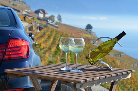 喝束餐厅白葡萄酒在桌上Lavaux瑞士图片