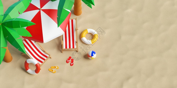 海洋岸暑假概念夏季海滩的顶层景色配有海滩伞椅子和附件3D插图一种设计图片