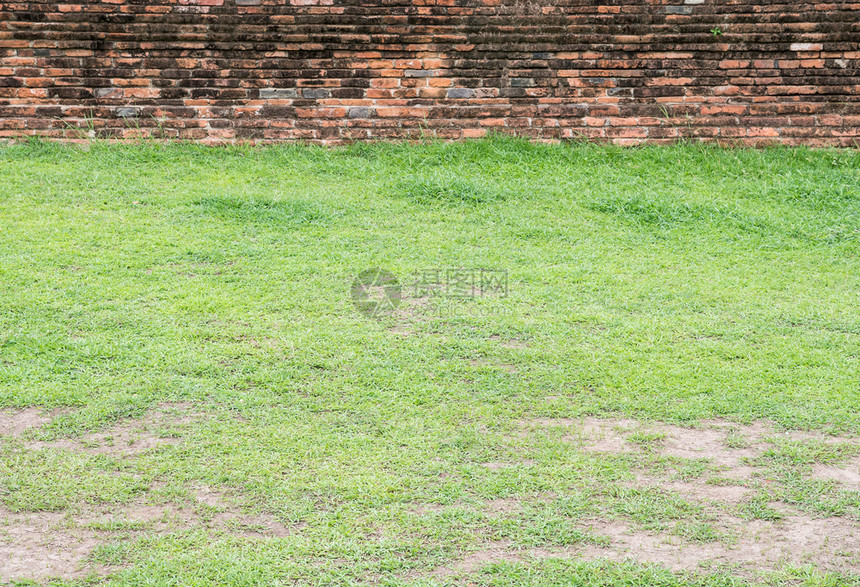 在历史公园Copy空间的旧砖墙前面草地上棕色面坚硬图片