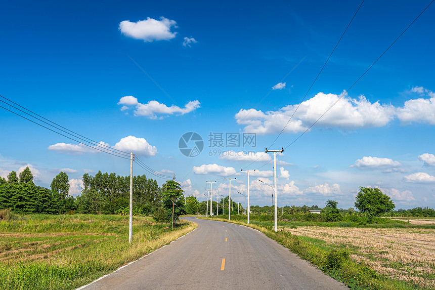 农村沥青露天蓝日幕下的青春和树绿布满长青的云彩蓝色天空日光背景地平线图片