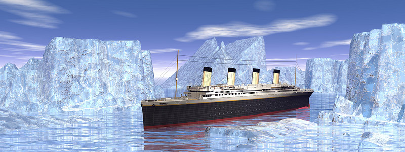 下沉式庭院危险蓝色的在北冰洋寒冷海中泰坦式水上船3D化身沉船设计图片