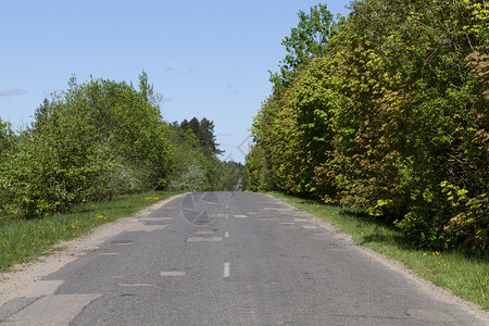 建造路边沙土的沥青部分建在森林中夏季地貌公路用沥青制成自然道路图片