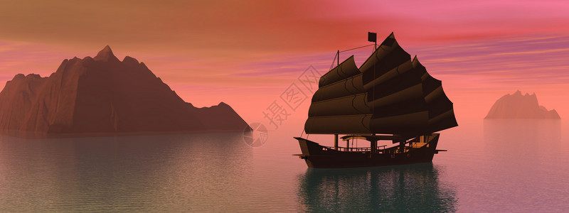 伶仃岛日落由日落东方垃圾船3DGirde在山边面上的东方垃圾船Silouhette日出美丽的旅行设计图片
