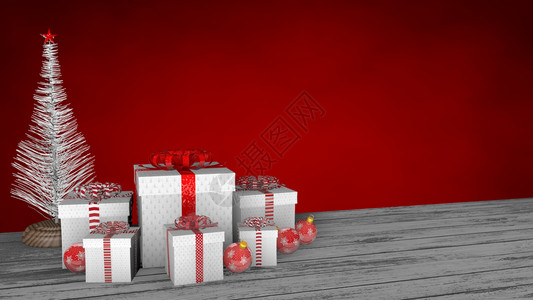 阿央白雷加洛斯厄瓜多尔一组白色礼品盒的前视图白色木地板上装饰着红色球和背景上的白圣诞树3D插图白色礼品盒木地板上装饰着红色球和蝴蝶结上设计图片