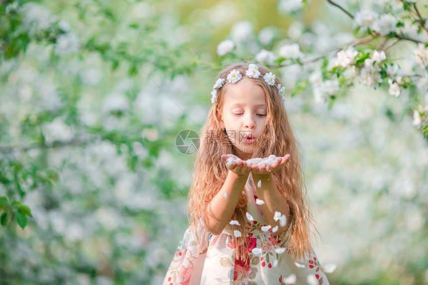 水果春日盛开的苹树园中美丽小女孩的画像美丽春日盛开苹果园中可爱小女孩花肖像图片