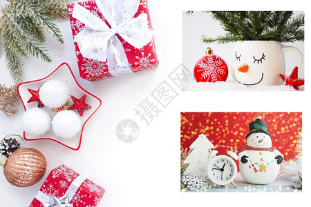 丝带圣诞节横幅球树枝带礼物的盒子和白桌牌上的圣诞贺卡明信片白色的图片