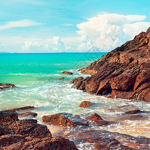 晴天浪潮沿泰国安达曼海滩的岩石水图片